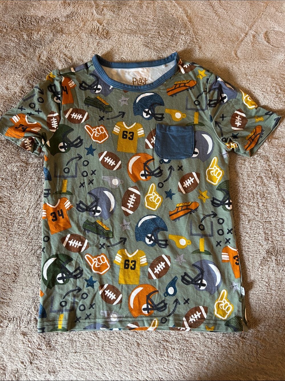 Little Sleepies Green Football-Print Pocket Tee with Navy Accents